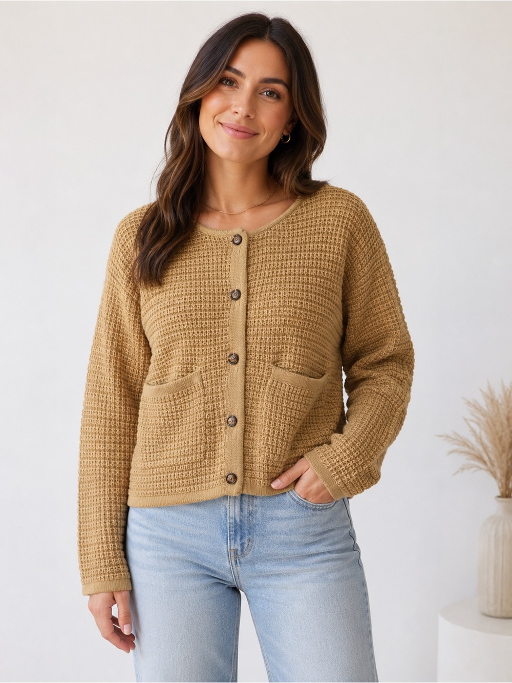 PrettyGarden Chic Cardigan Women Large‎ Tan Waffle Knit Gold Button Front